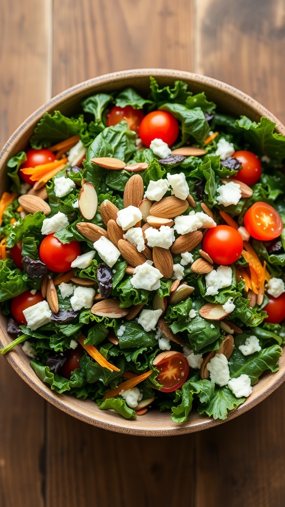 A colorful kale salad with carrots, tomatoes, almonds, and feta cheese in a rustic bowl.